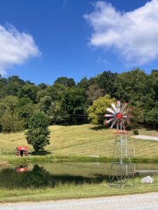 Customer-installed windmill beside a pond in Jonesborough, Tennessee.